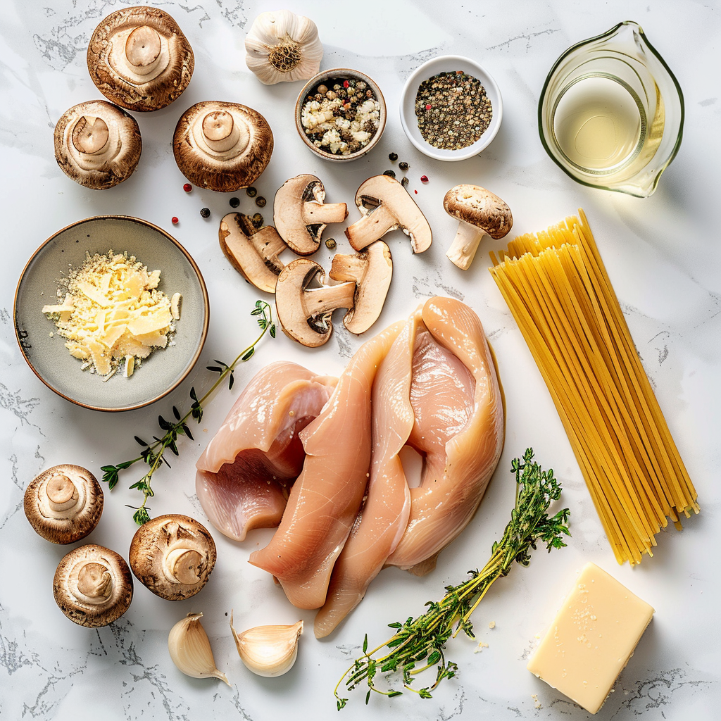 Creamy chicken and mushroom pasta ingredients flat lay
