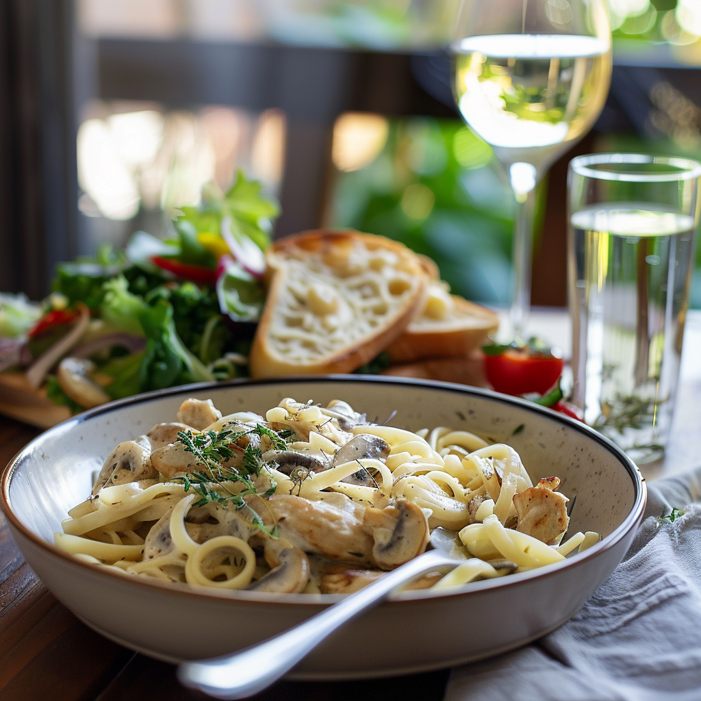 Served creamy chicken and mushroom pasta with garlic bread