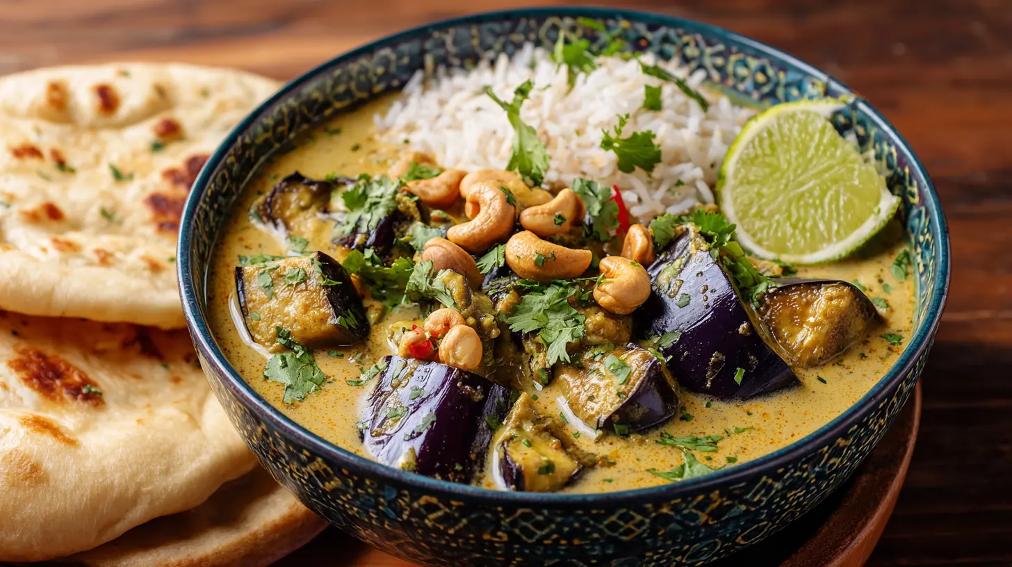 Creamy eggplant curry with coconut, cilantro, and lime in a Moroccan-style bowl, served with basmati rice and naan.