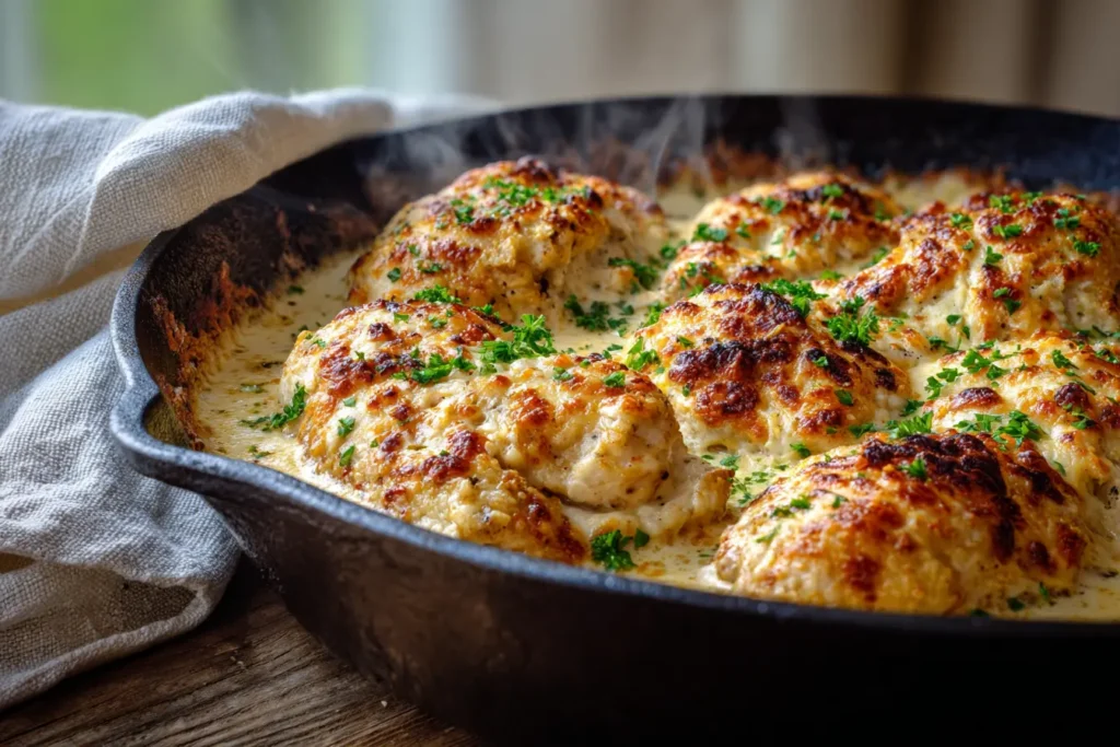 Golden creamy sour cream chicken in a skillet, bubbly cheddar‑Parmesan topping, parsley garnish, soft steam.