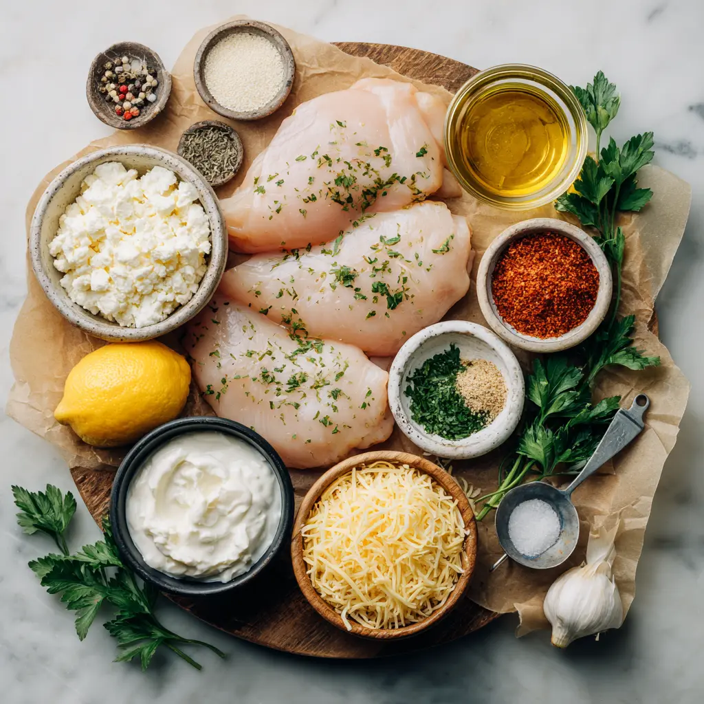 Flatlay of chicken breasts, sour cream, shredded cheddar, grated Parmesan, garlic, paprika, parsley, spices, lemon, and oil.