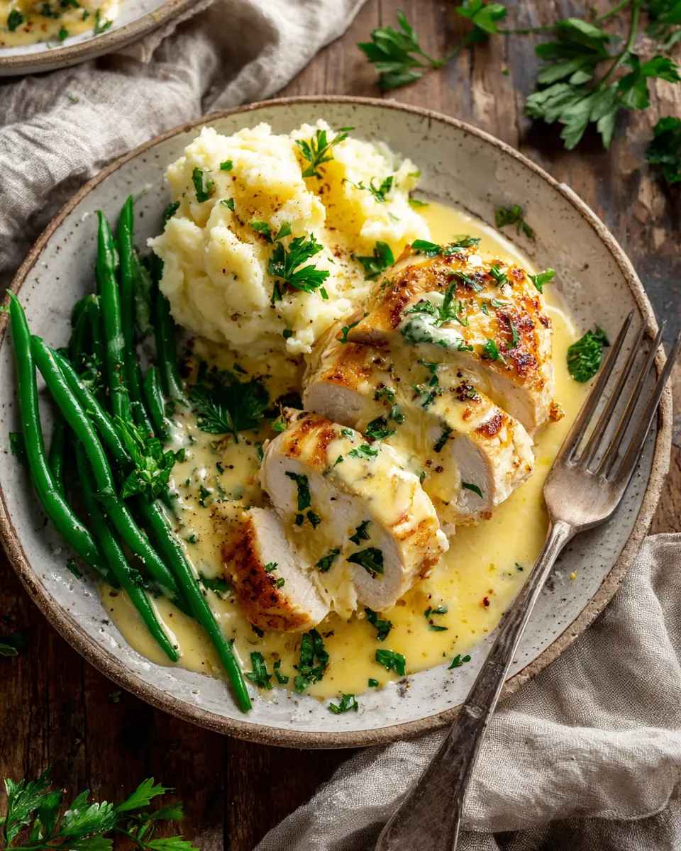 Sliced sour cream chicken topped with golden cheesy sauce, parsley, with mashed potatoes and green beans on a white plate.