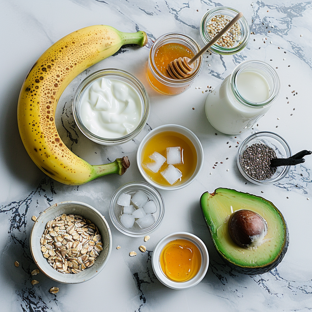 Flat lay of banana, avocado half, Greek yogurt, almond milk, honey, vanilla, ice cubes, and chia seeds on bright marble