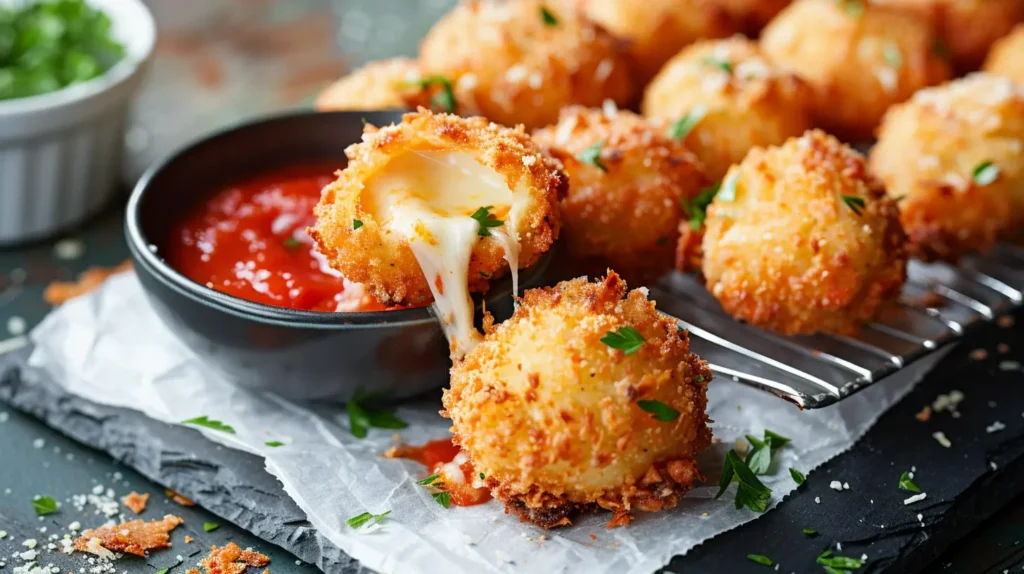 Golden fried cheese bites on a parchment-lined wire rack with marinara; one bite pulled open showing melty mozzarella.