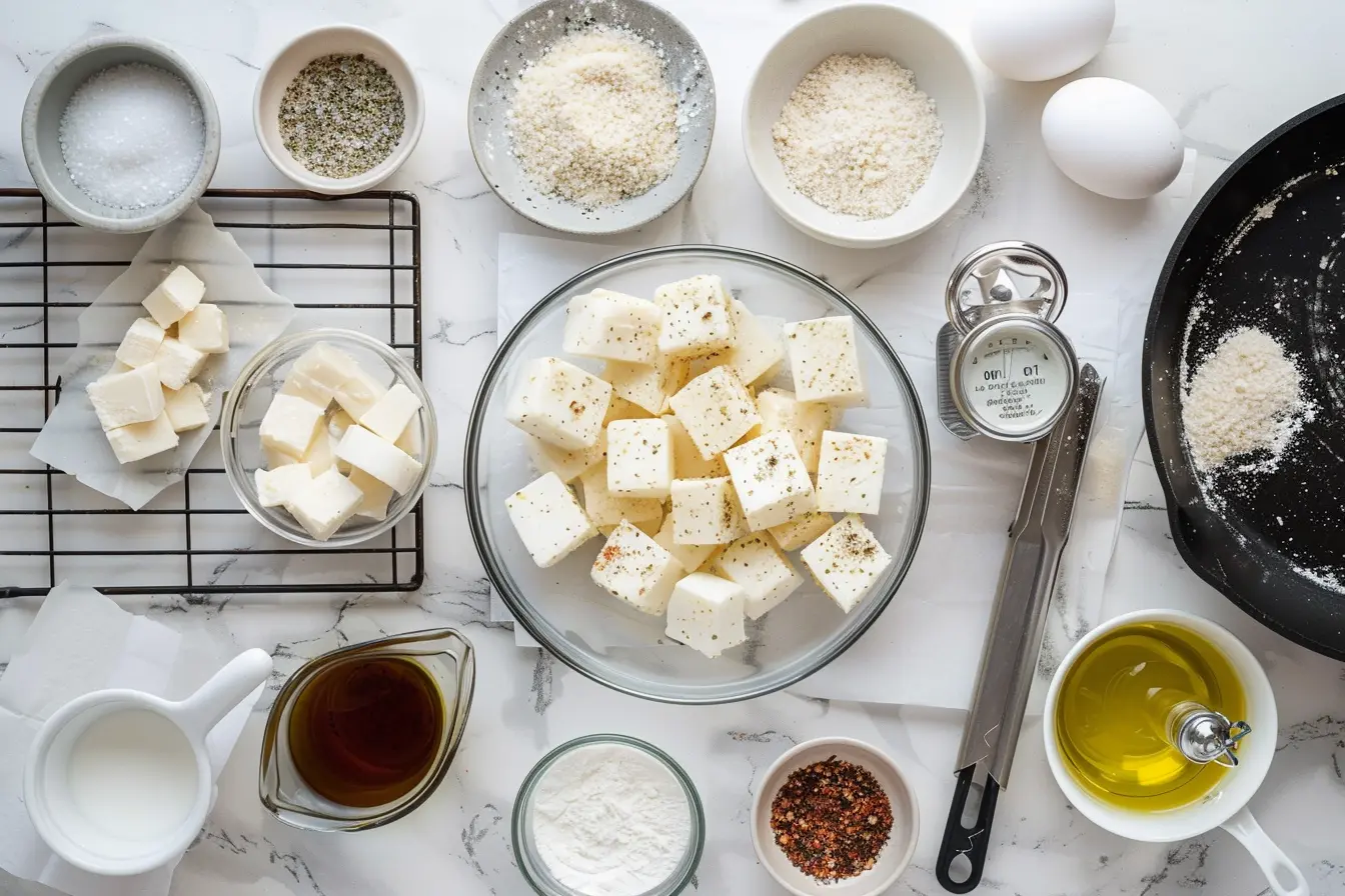 Top‑down layout of mozzarella cubes, flour, beaten eggs, seasoned breadcrumbs, spices, oil, and frying tools neatly arranged.