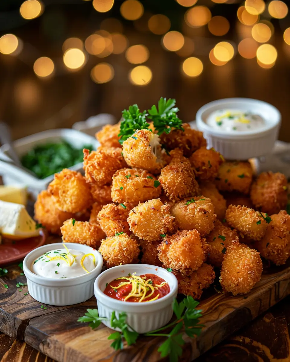 Piled fried cheese bites on a serving board with marinara, ranch, and sriracha mayo; parsley garnish and warm background bokeh.