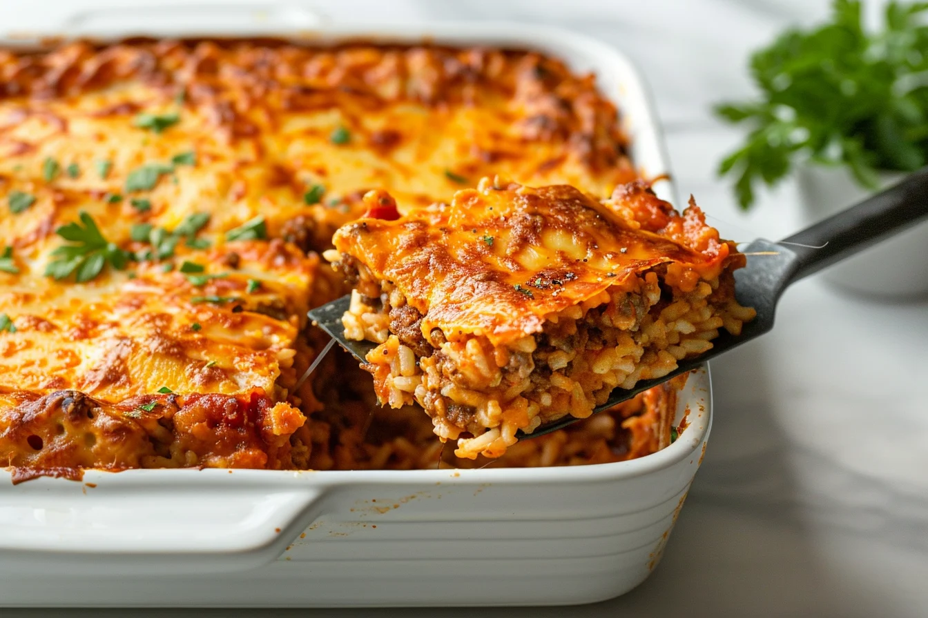 Plated square of ground beef casserole with melted cheese and visible beef‑rice layers; side salad and water glass.