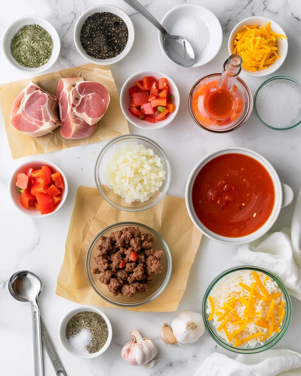 Flat‑lay of ground beef, onion, garlic, bell pepper, diced tomatoes, tomato sauce, broth, oregano, basil, rice, cheddar, Parmesan.