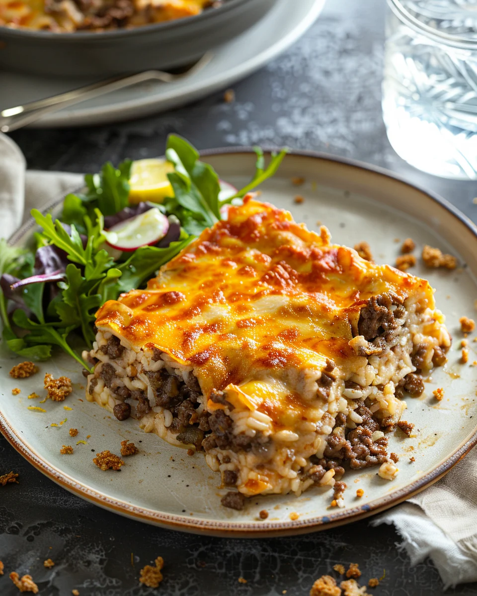 Ground beef casserole in a 9×13 dish, golden bubbly cheese; spatula lifts a neat square with beef, rice, and tomato.
