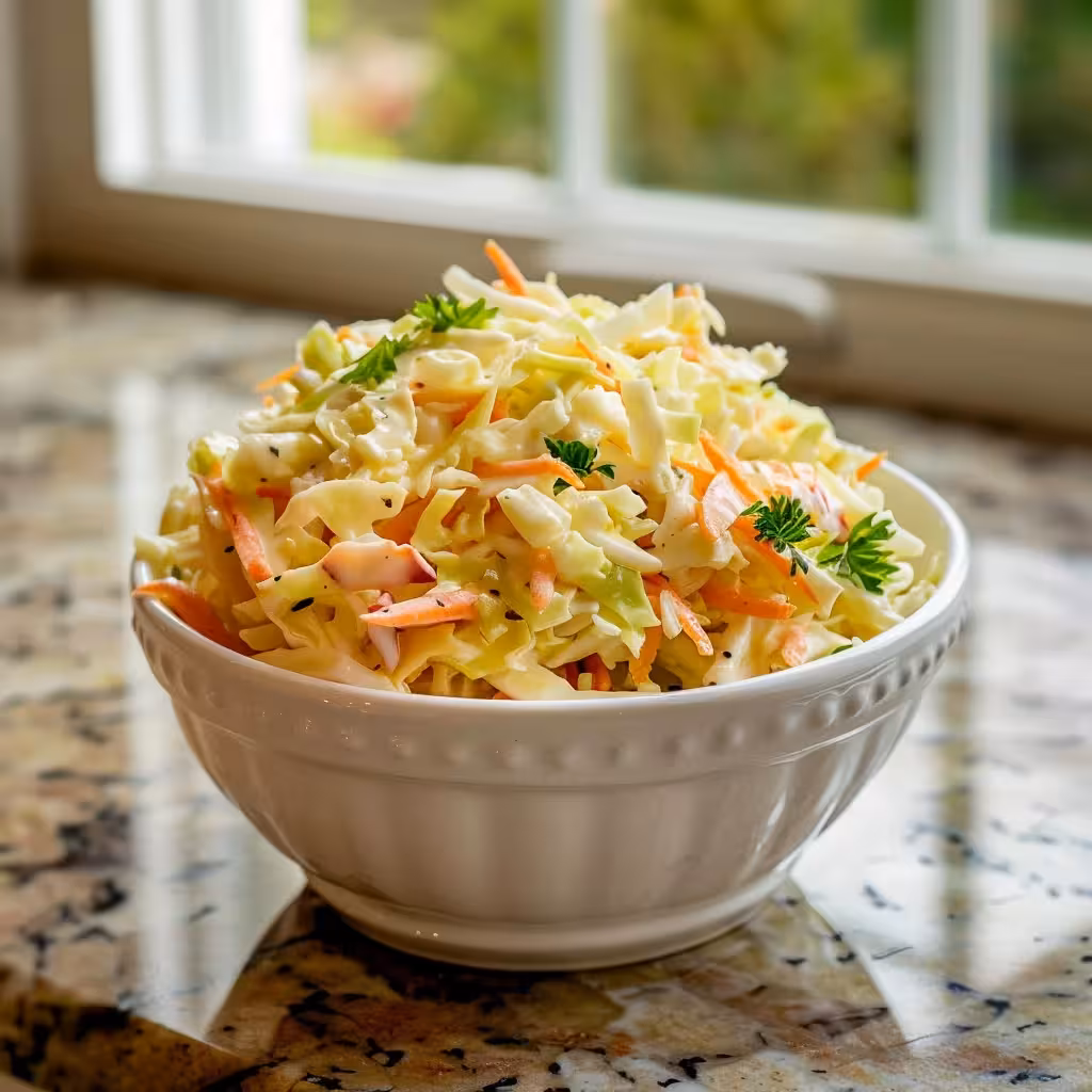 Homemade KFC-style coleslaw in a white bowl