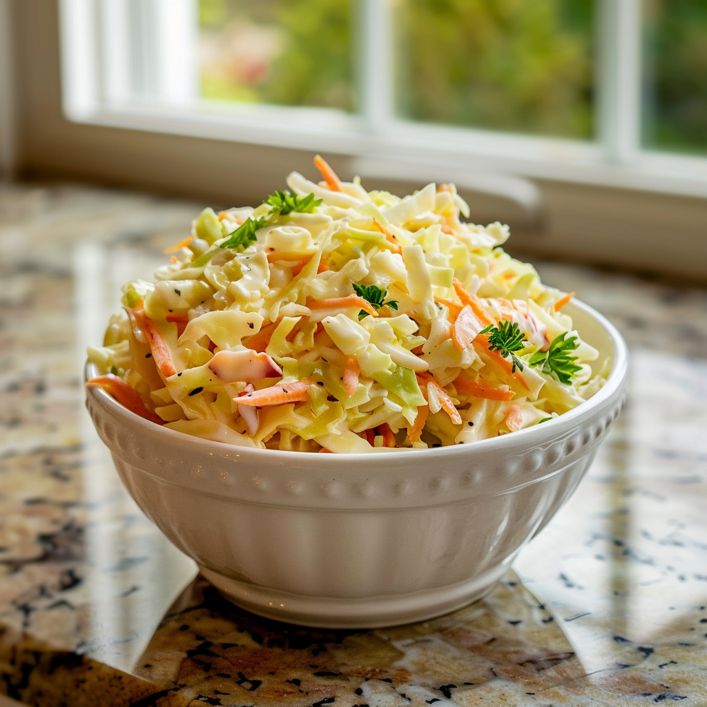 Homemade KFC-style coleslaw in a white bowl