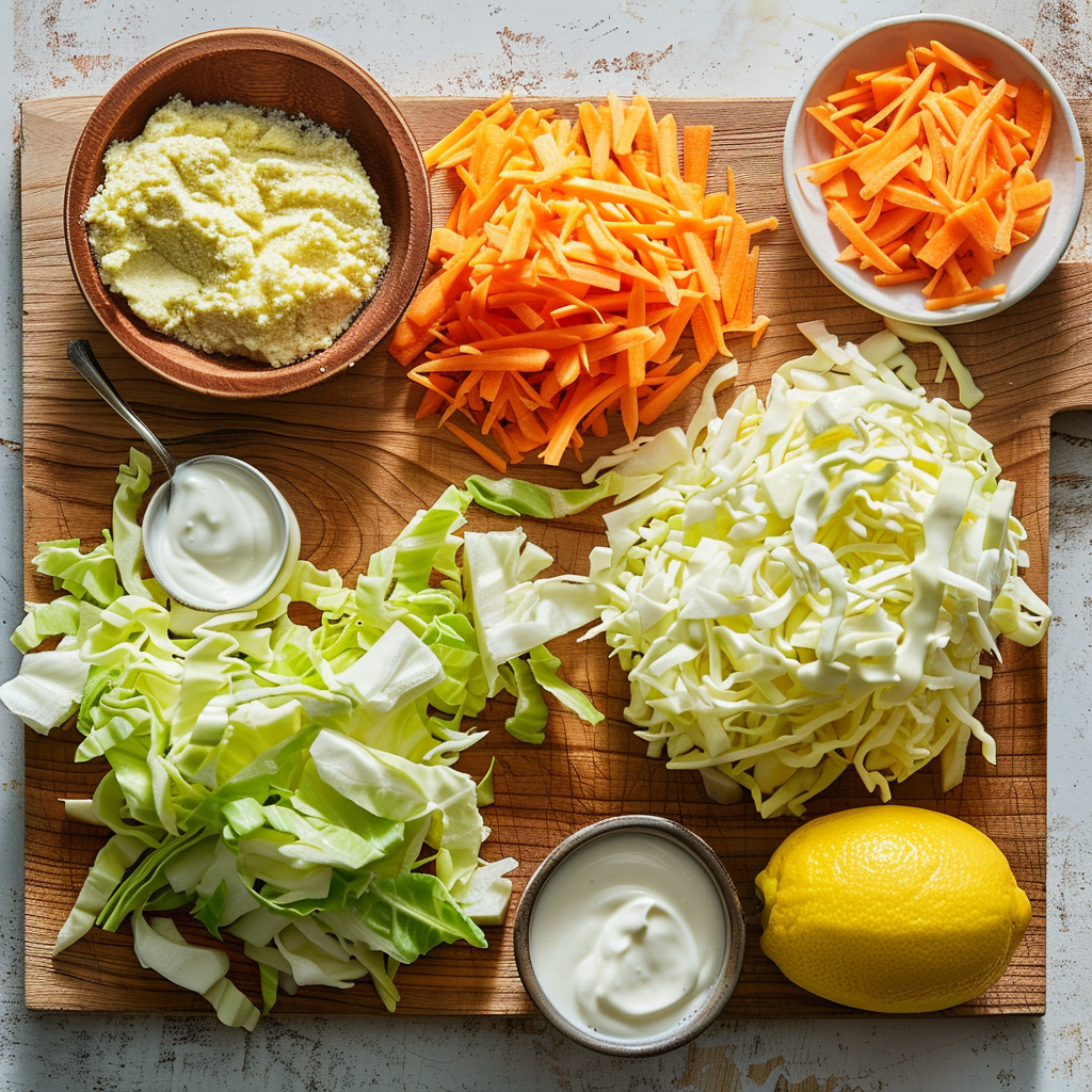 Ingredients for homemade KFC coleslaw laid out on kitchen counter