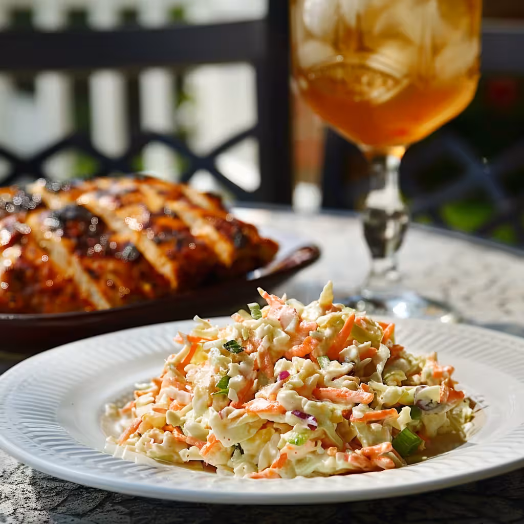 Coleslaw served with grilled chicken and iced tea