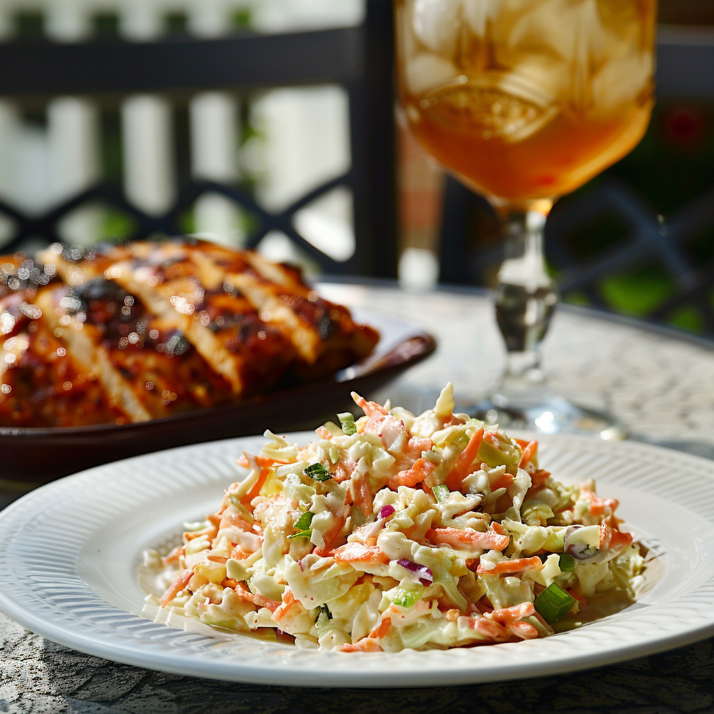 Coleslaw served with grilled chicken and iced tea