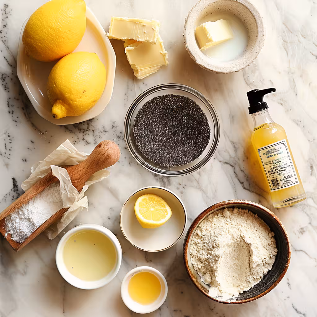 Ingredients for lemon poppy seed pancakes including fresh lemons, flour, eggs, milk, and poppy seeds