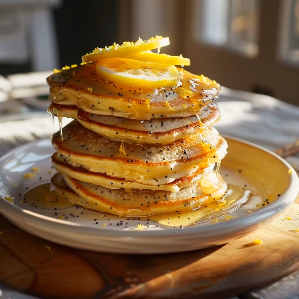 Stack of lemon poppy seed pancakes with glaze