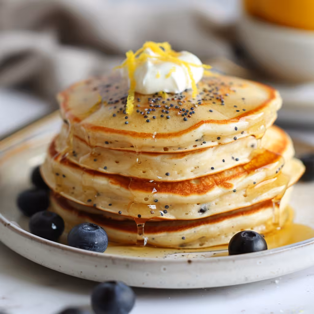 Stack of lemon poppy seed pancakes with lemon glaze and yogurt