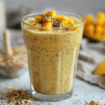 Glass of mango oatmeal breakfast smoothie on counter