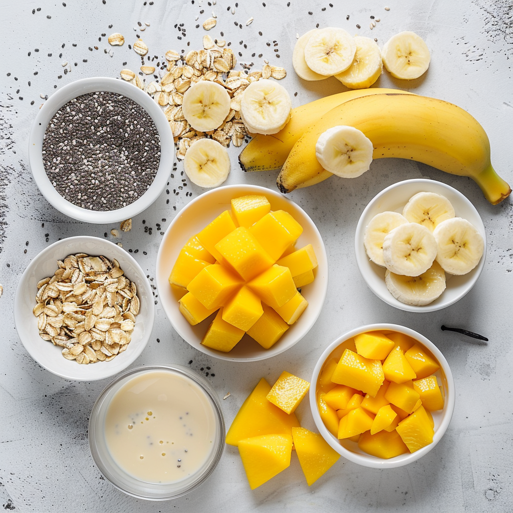 Ingredients for mango oatmeal breakfast smoothie