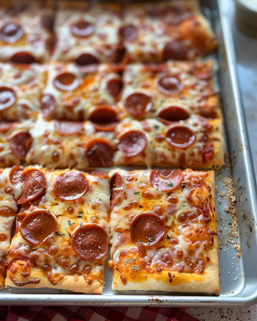 School Pizza Square pepperoni and cheese cafeteria pizza on a sheet pan, crispy browned edges and bubbly melted cheese, sliced into rectangles.