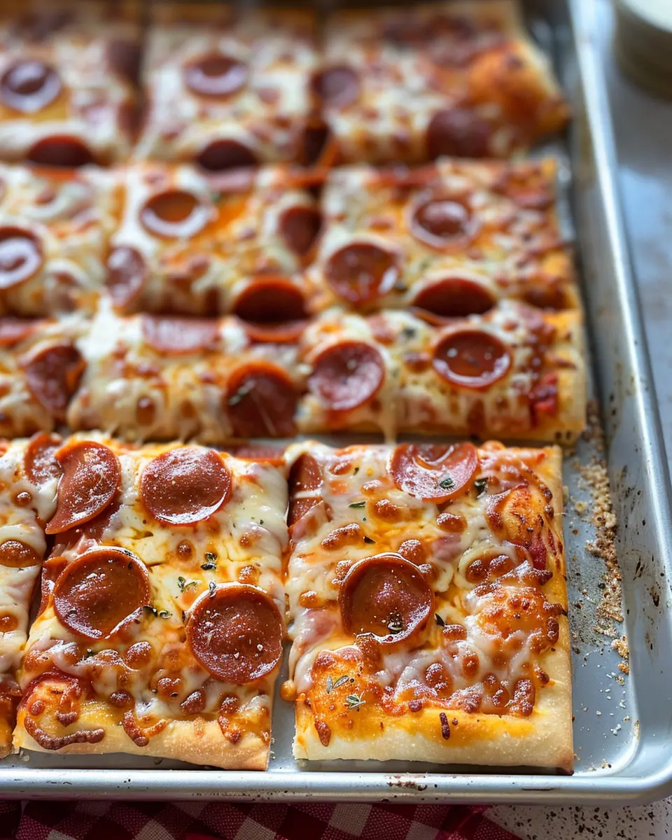 School Pizza Square pepperoni and cheese cafeteria pizza on a sheet pan, crispy browned edges and bubbly melted cheese, sliced into rectangles.