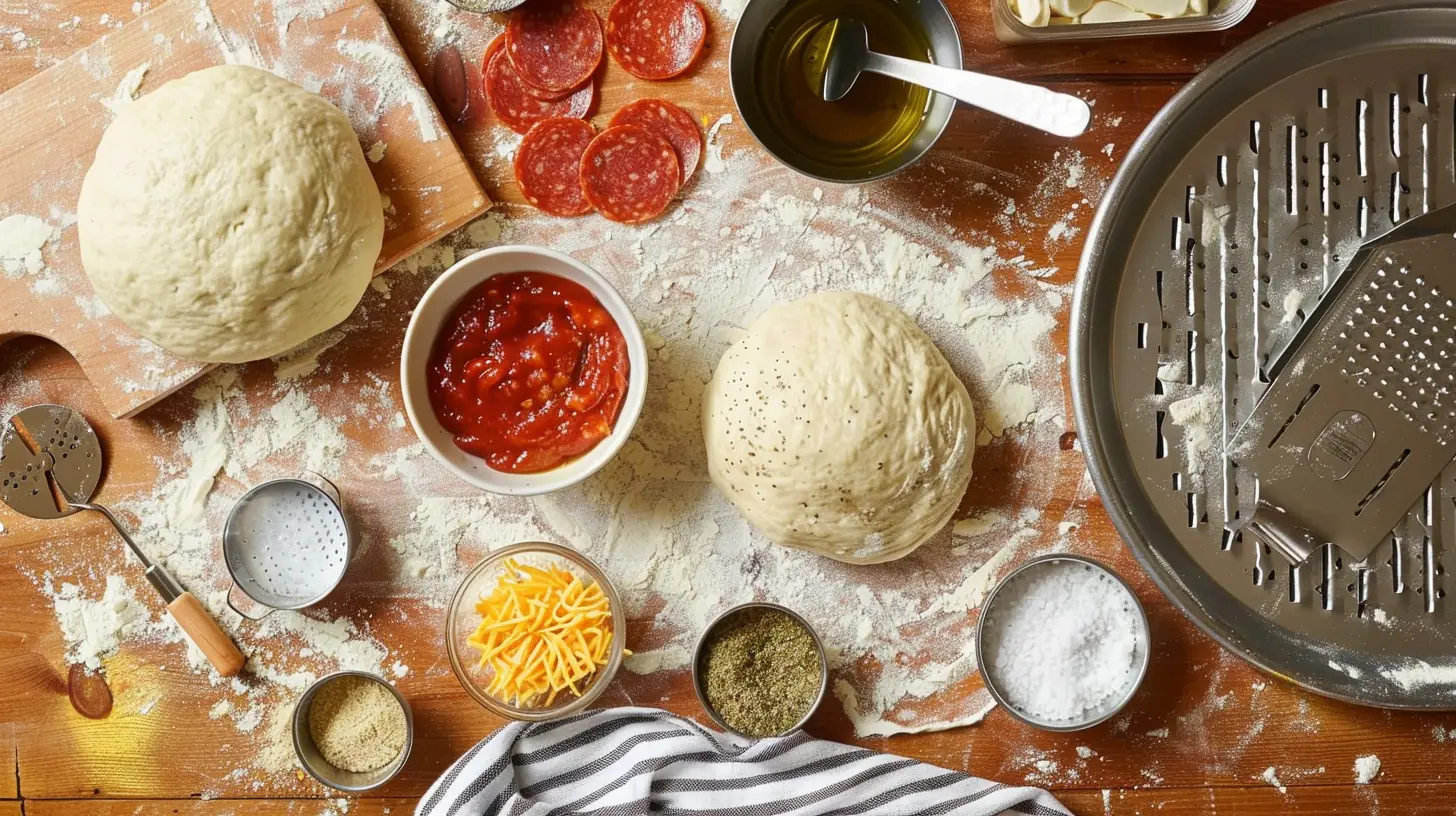 Overhead flat lay of pizza dough, pizza sauce, shredded mozzarella, shredded cheddar, pepperoni, olive oil, oregano, garlic powder, and salt on a wooden table.