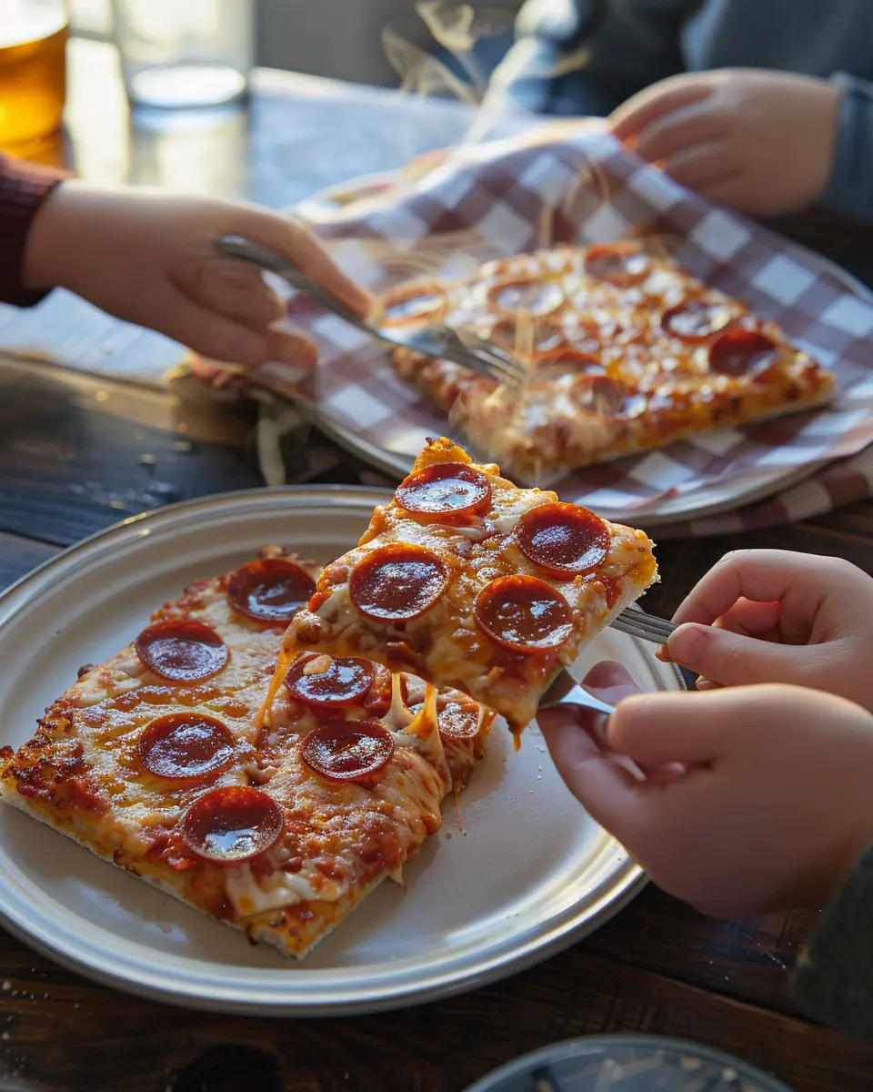 Square slices of pepperoni school pizza on a beige cafeteria tray, one slice lifted with a spatula showing a cheese pull.