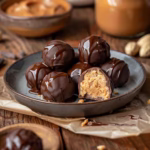 Chocolate-covered peanut butter balls on a rustic table