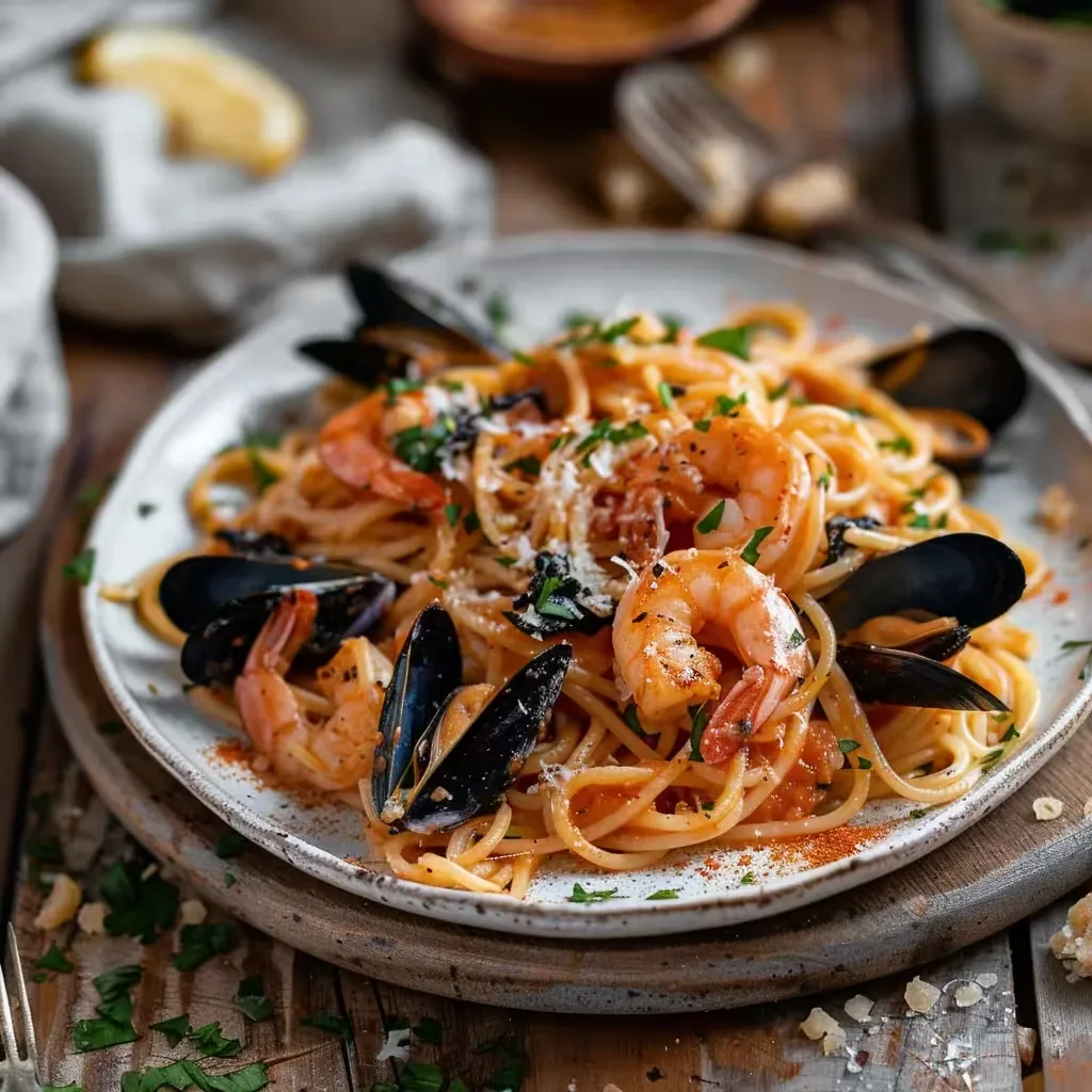 seafood spaghetti with shrimp and mussels on a rustic plate