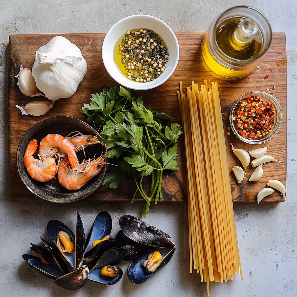 seafood spaghetti ingredients laid out before cooking