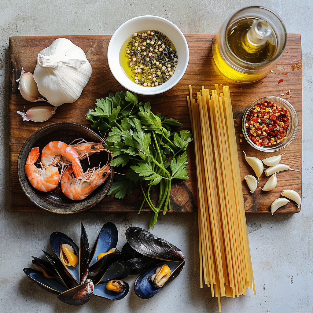 seafood spaghetti ingredients laid out before cooking