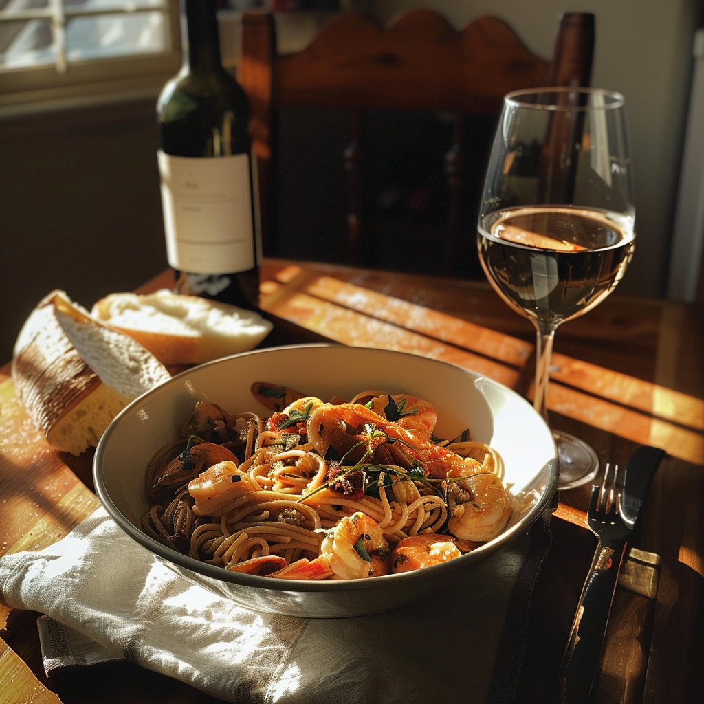 seafood spaghetti served in a cozy dinner setting
