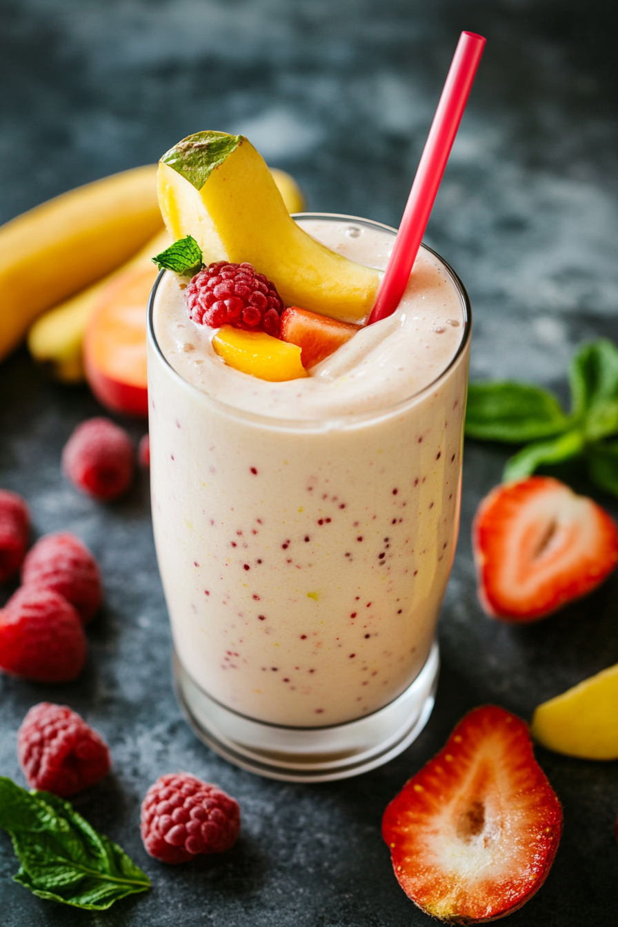 A colorful and creamy mixed berry and banana smoothie in a glass, garnished with slices of banana, peach, and raspberry, accompanied by fresh berries and mint leaves on a dark textured background