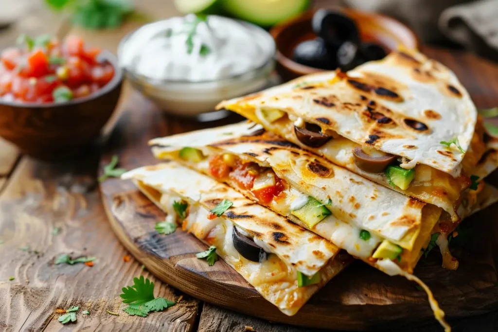 Easy Quesadillas Recipe Crispy corn-tortilla quesadilla triangles stacked, melted mozzarella stretch, olives and avocado, salsa and sour cream.