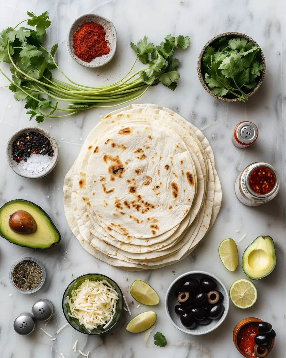 Overhead flat lay of corn tortillas, shredded mozzarella, sliced black olives, ripe avocados, salsa fixings, cilantro, lime, salt, pepper.