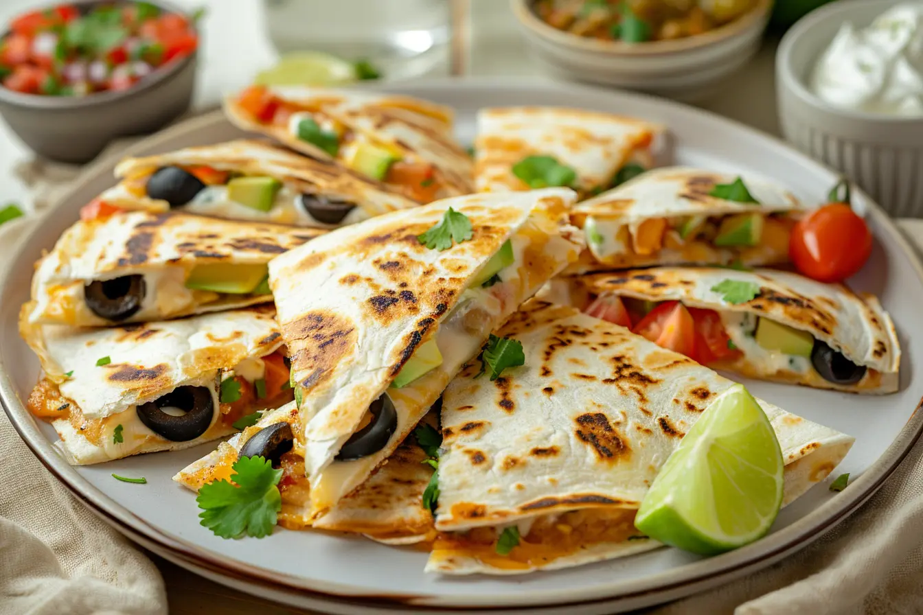 Easy Quesadillas Recipe Plate of sliced corn‑tortilla quesadillas with melted mozzarella, olives, avocado, cilantro, with salsa and sour cream on the side.