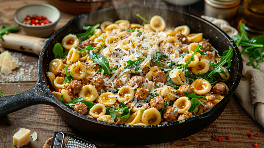 Skillet of one-pan orecchiette with spicy sausage, arugula, and Parmigiano on a rustic wood table.