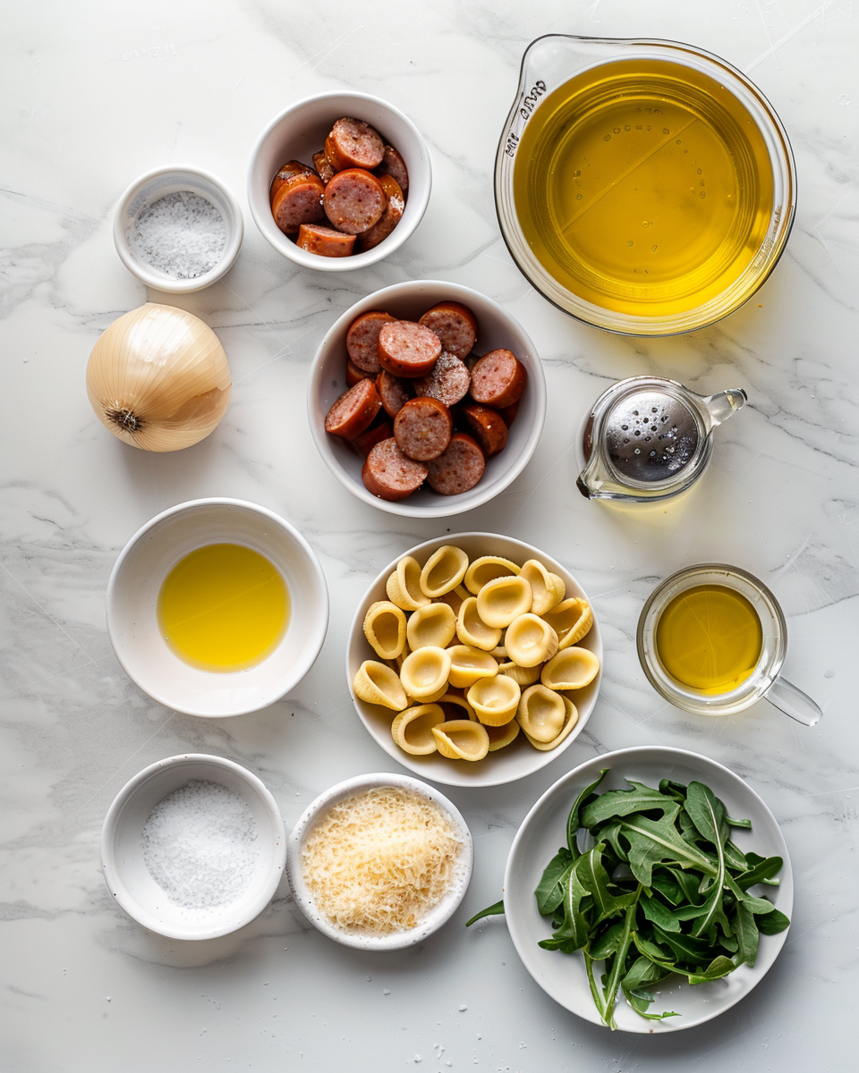 Overhead flat-lay of measured ingredients for one-pan orecchiette pasta on white marble.