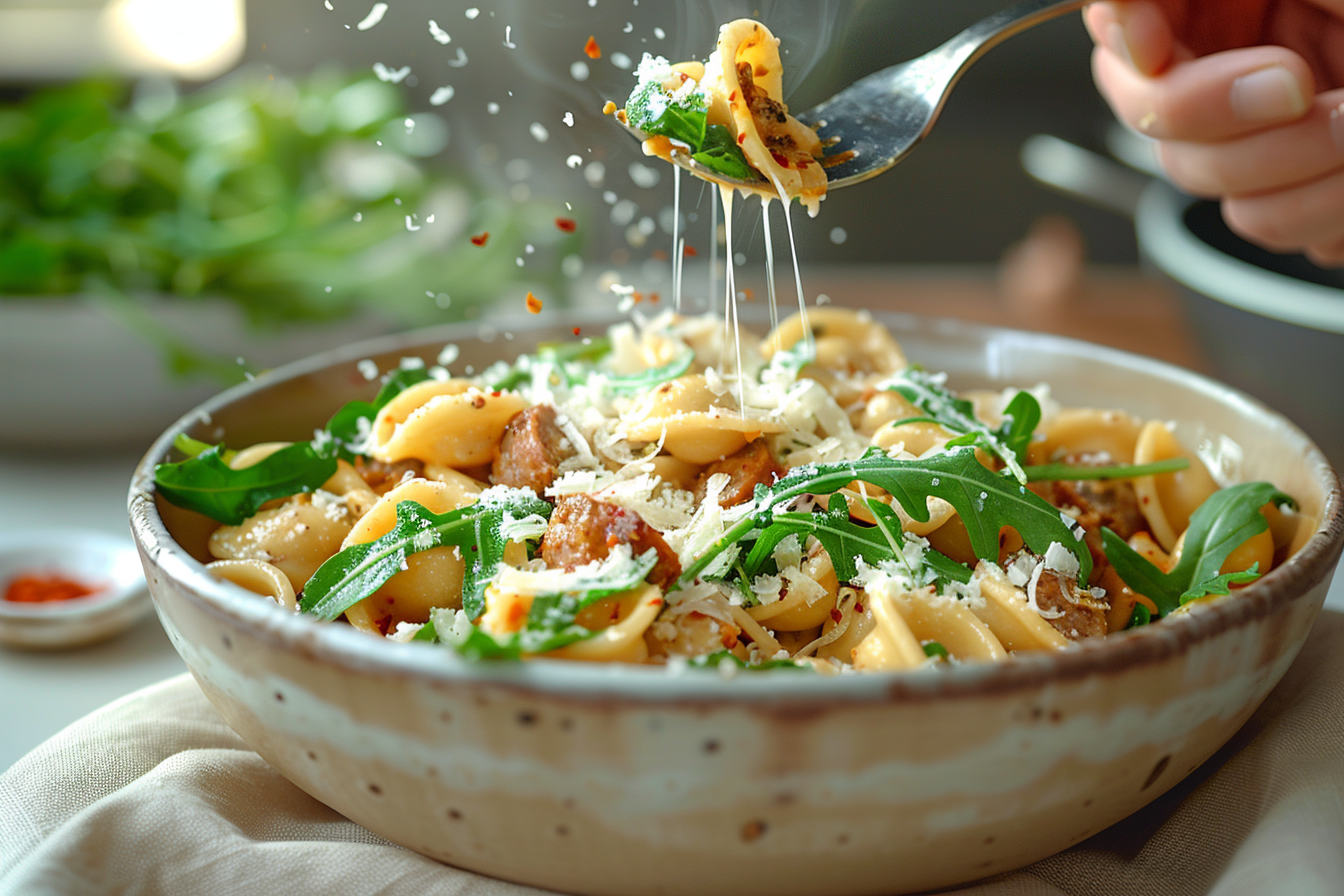 Bowl of orecchiette with sausage and arugula, fork twirl above, Parmigiano shavings falling.
