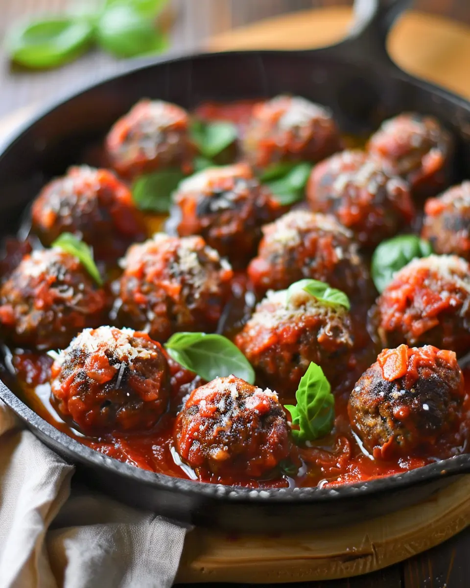 Baked Italian meatballs in marinara, topped with Parmesan and basil in a rustic skillet