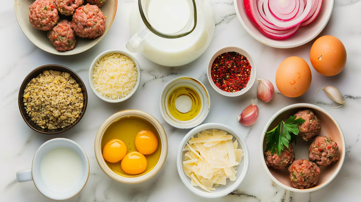 Flat lay of Italian meatballs ingredients in small bowls on marble: beef, breadcrumbs, eggs, milk, herbs, spices
