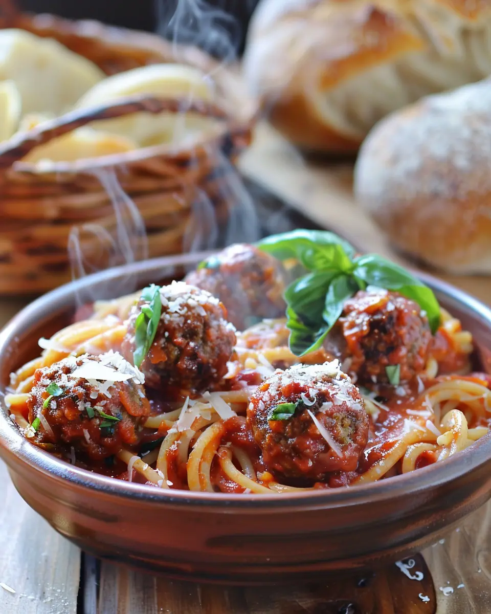 Spaghetti with baked Italian meatballs in tomato sauce, Parmesan shavings, and fresh basil