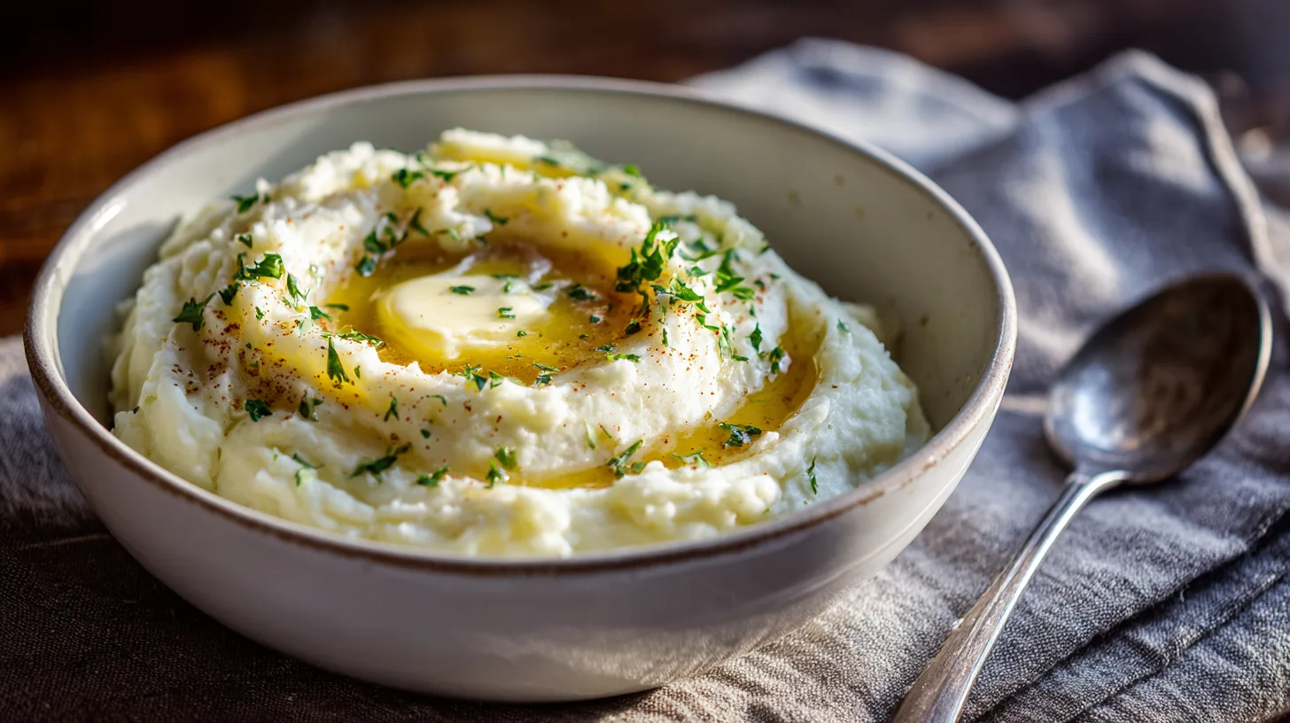 KFC Mashed Potatoes Creamy mashed potatoes with a butter pat and brown‑gravy swirl in a white bowl on rustic wood.