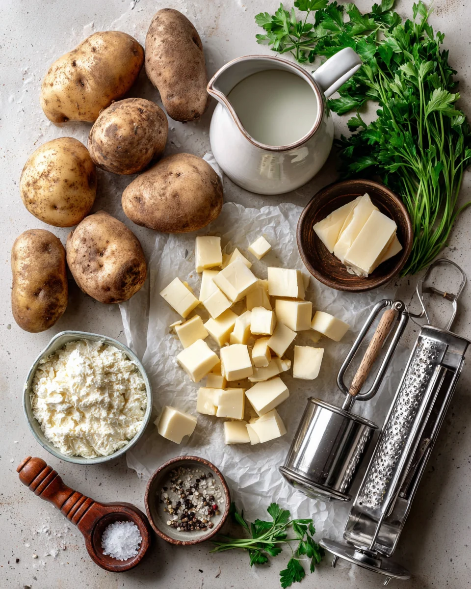 KFC Mashed Potatoes Overhead flat‑lay of russet potatoes, butter cubes, half‑and‑half, salt, pepper, parsley, and a potato ricer.