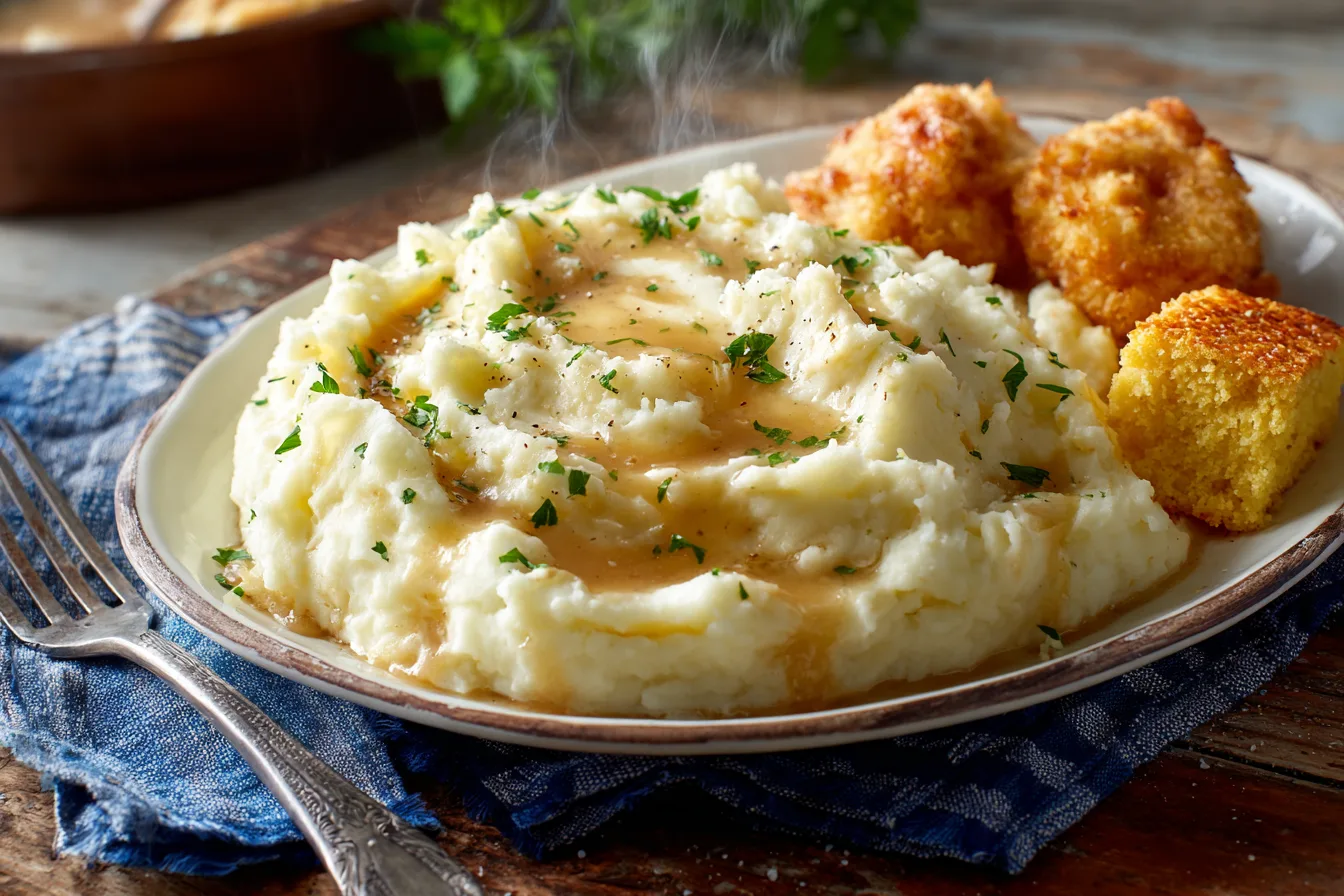 KFC Mashed Potatoes Scoop of mashed potatoes with gravy and parsley on a white plate, served with chicken tenders and cornbread
