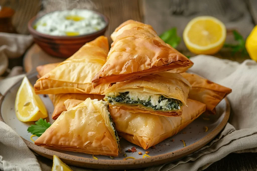 Air Fryer Spanakopita Golden air fryer spanakopita triangles served on a ceramic plate