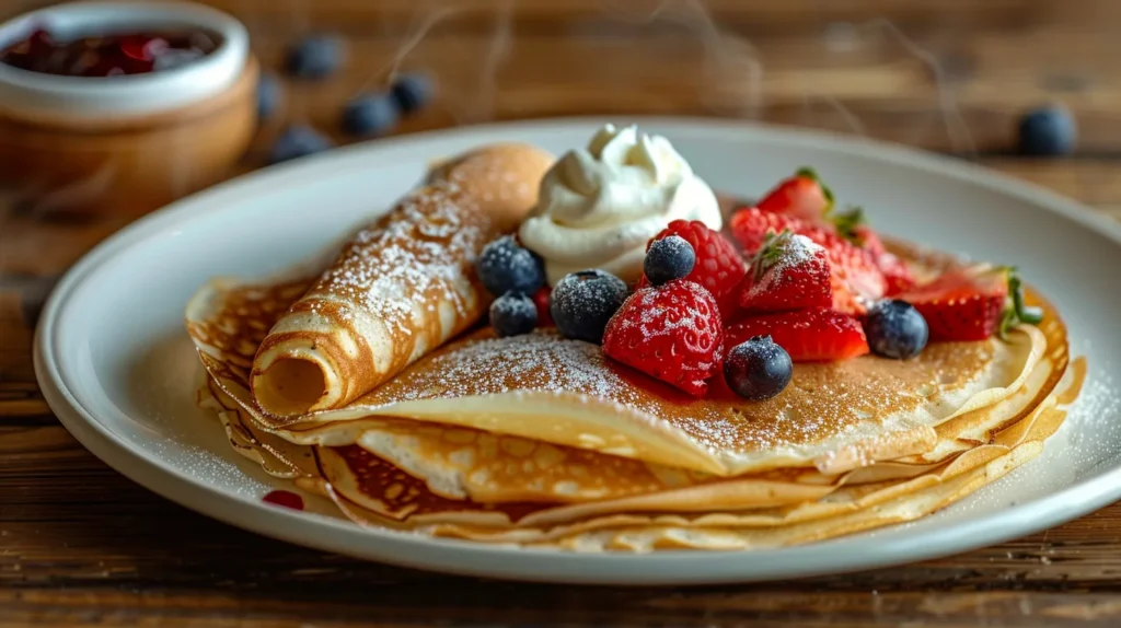 Authentic Swedish Pancakes Recipe Stack of thin golden Swedish pancakes topped with fresh berries and powdered sugar on white plate