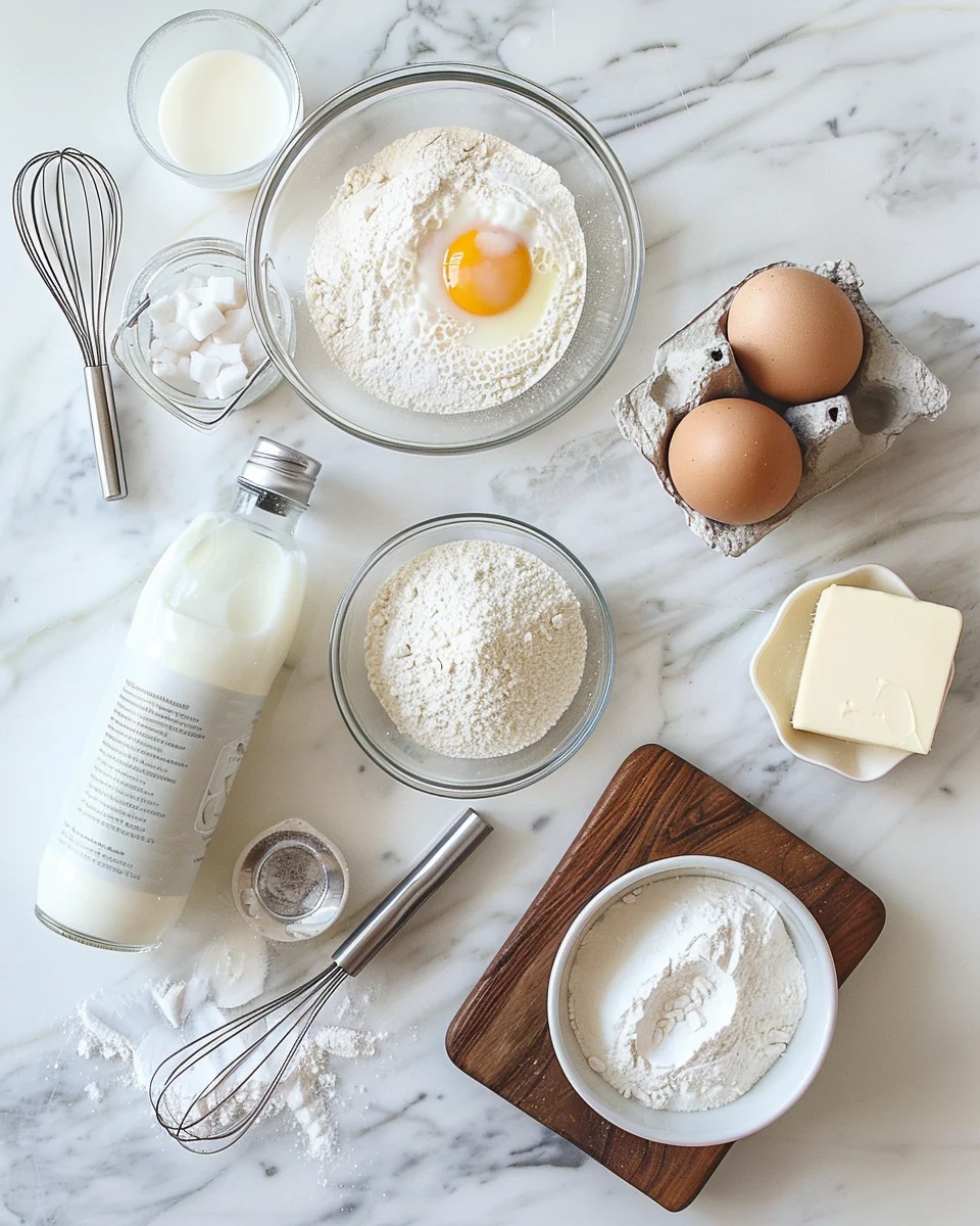 Swedish pancake ingredients arranged on countertop including eggs, flour, milk, sugar and butter