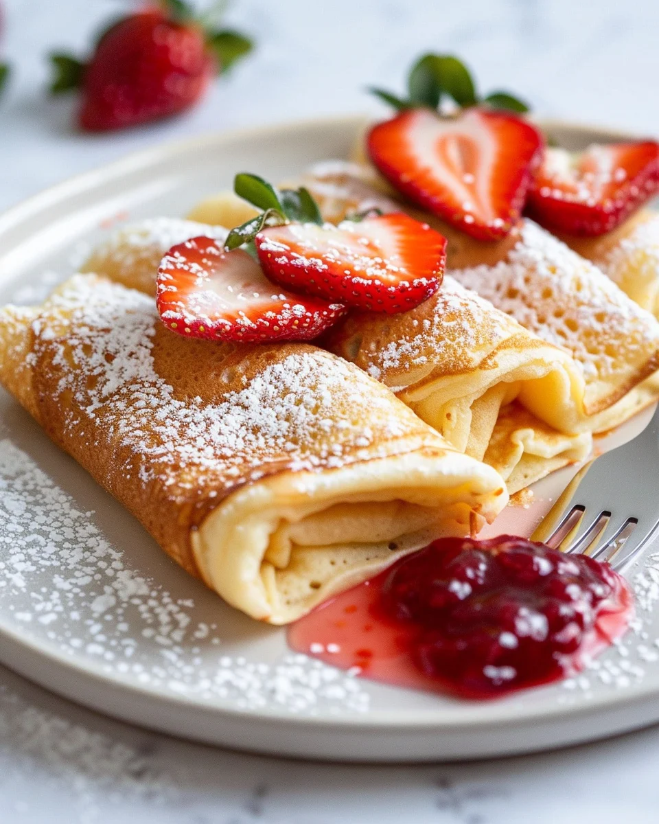 Folded Swedish pancakes on white plate garnished with fresh berries, whipped cream and powdered sugar