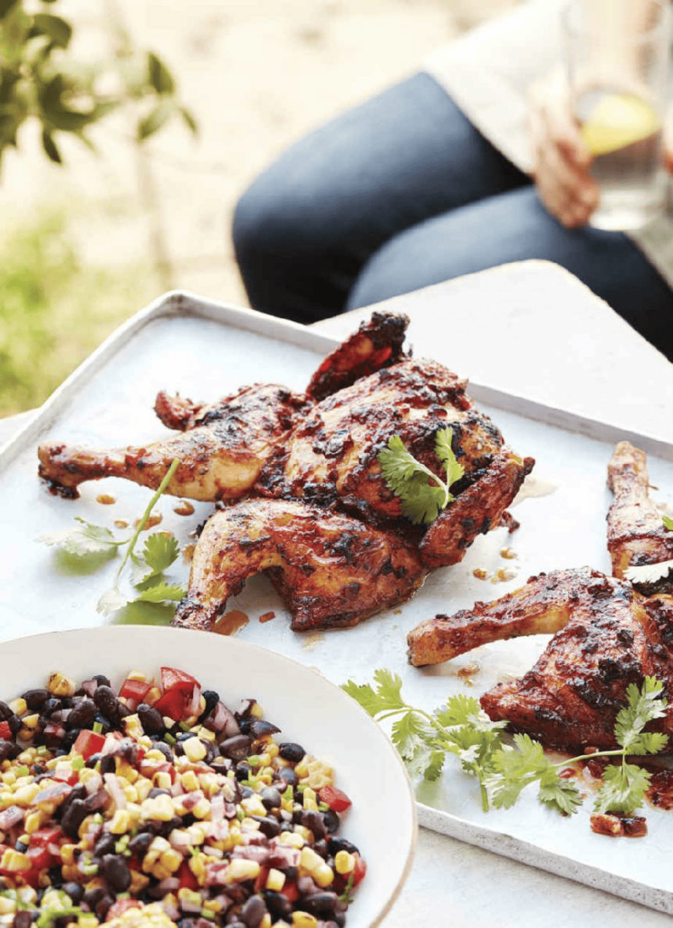 BARBECUED SPATCHCOCKED CORNISH GAME HENS WITH ROASTED CORN SALAD